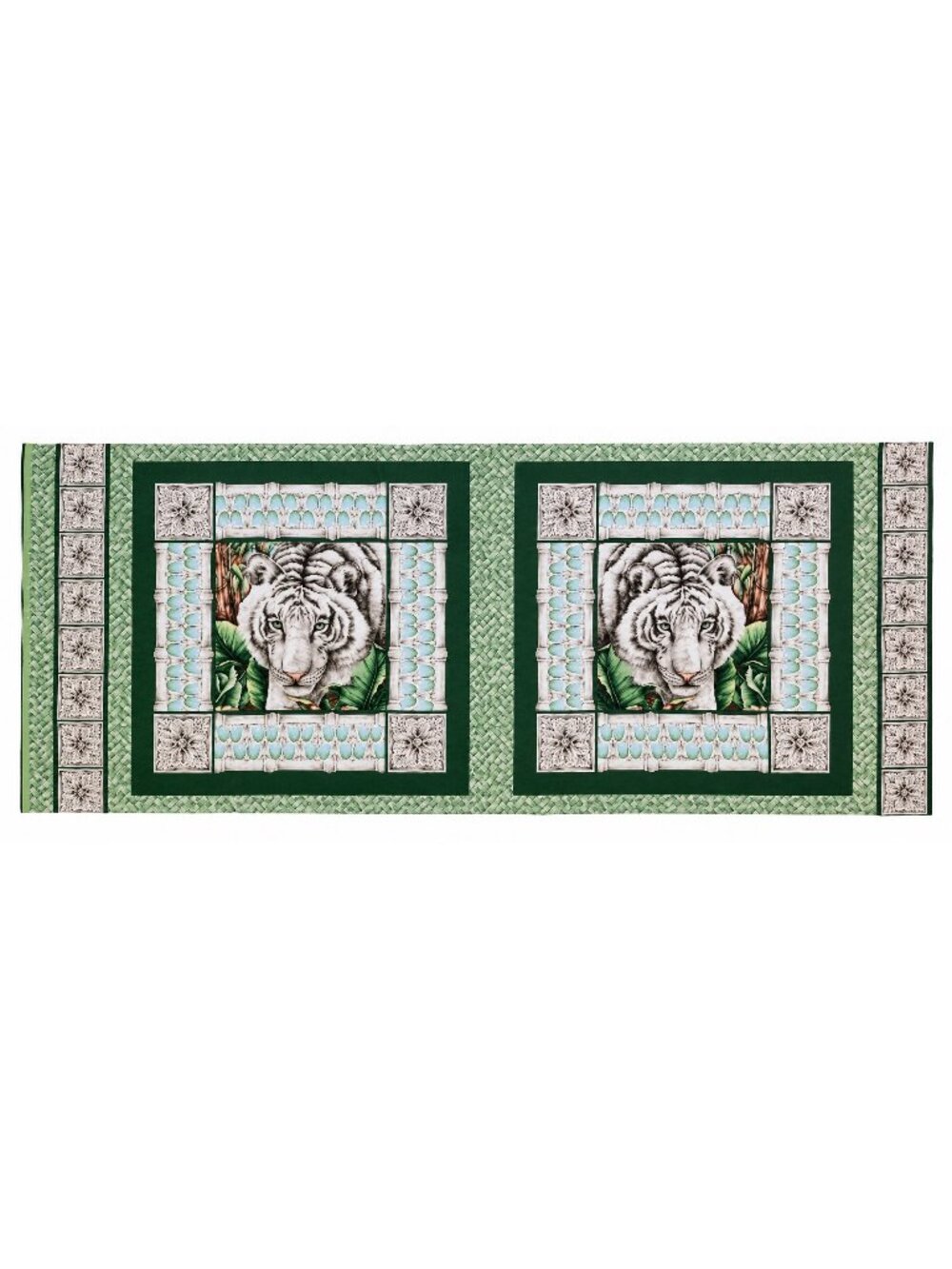 Vintage White Tiger Cotton Fabric Panel, Alabaster Jungle, Two Squares, 44 x 18